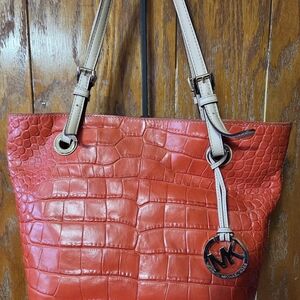 Michael Kors Collection Red Croc-Embossed Leather Tote with Cream Straps